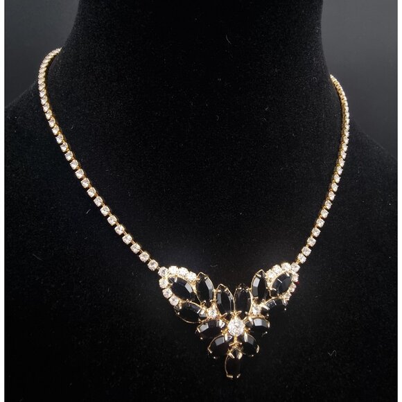 Rare Find Vintage 1980s Gold-Tone Rhinestone & Black Stone Floral Necklace - Picture 1 of 4